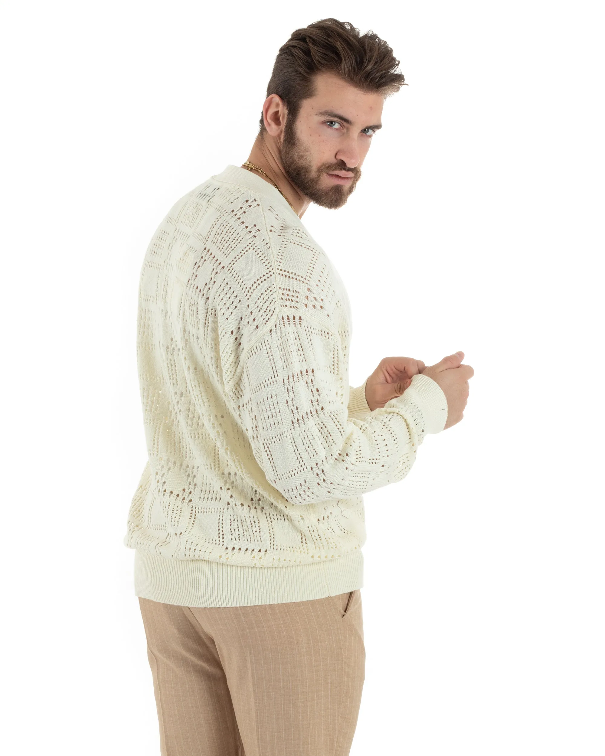 Cardigan Uomo Maglioncino Traforato Scollo V Maglia Bucata Giacca Con Bottoni Bianco Casual GIOSAL-M2814A