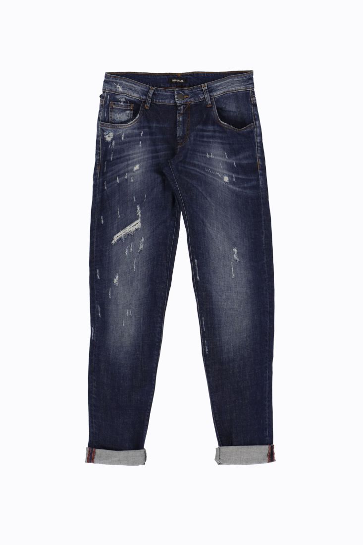 Jeans slim-fit délavé con abrasioni e orli risvoltati